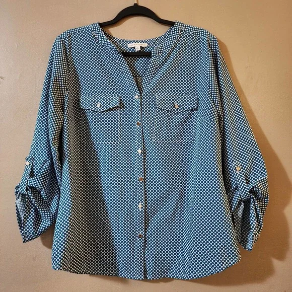 Notations | Tops | Notations Womens Top Size L Blue White Polka 